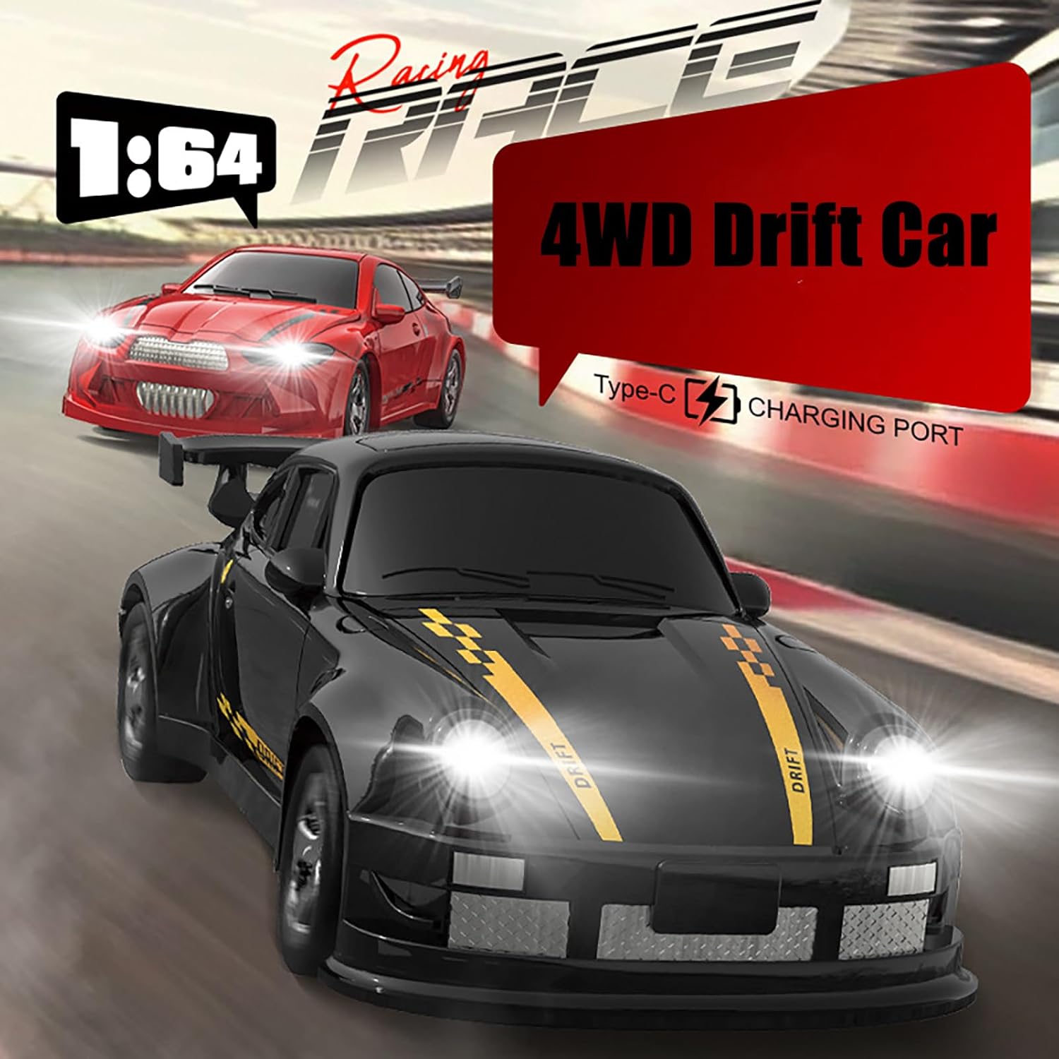 1:64 Scale Mini RC Drift Car, 2.4GHz 4WD Full Proportional Model Vehicle with LED Lights, Racing Sport Toy for Adults Boys Girls Kids (Blue)